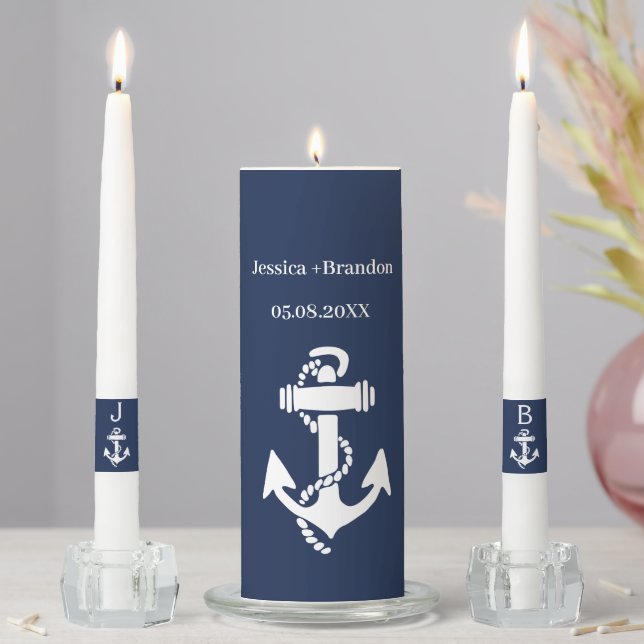 Navy Blue Nautical Anchor Monogrammed Elegant Unity Candle Set (In Situ)