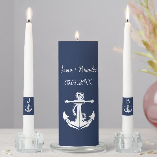 Navy Blue Nautical Anchor Monogrammed Elegant Unity Candle Set