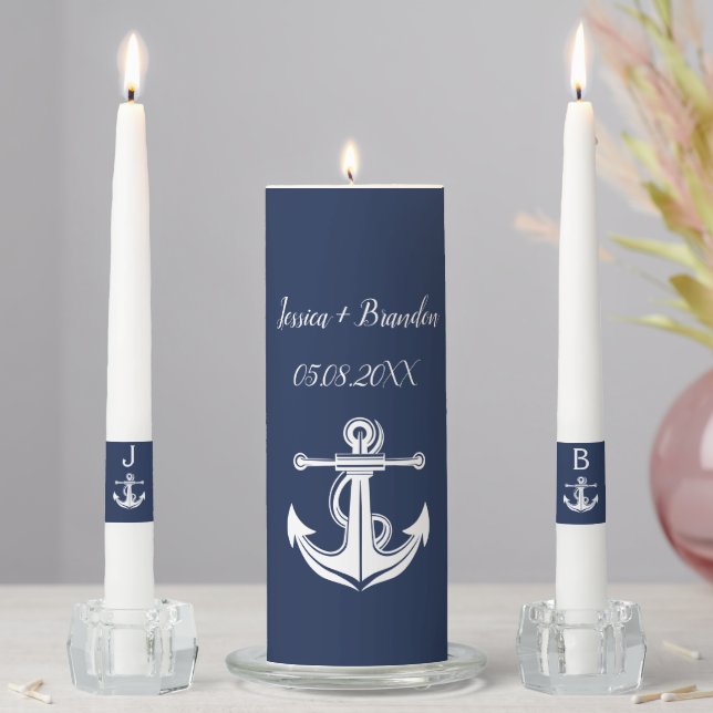 Navy Blue Nautical Anchor Monogrammed Elegant Unity Candle Set (In Situ)