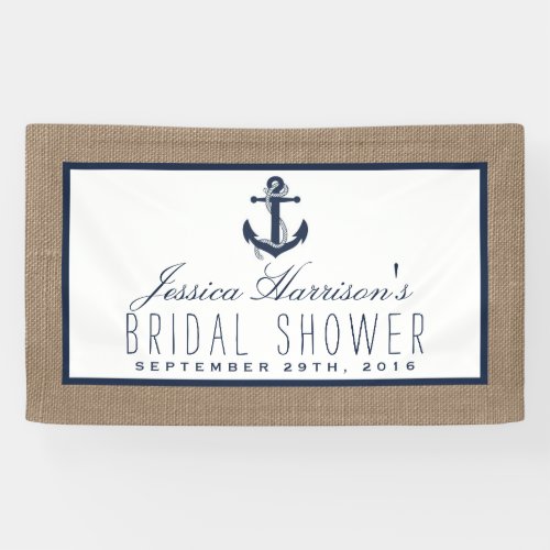 Navy Blue Nautical Anchor On Burlap Bridal Shower Banner