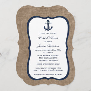 Navy Blue Nautical Anchor On Burlap Bridal Shower Invitation