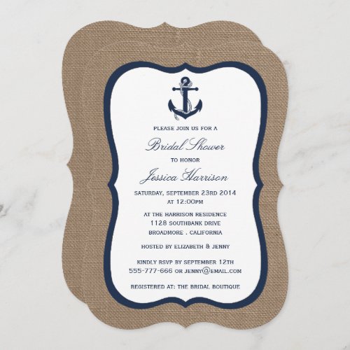 Navy Blue Nautical Anchor On Burlap Bridal Shower Invitation