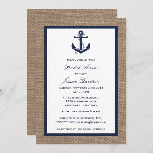 Navy Blue Nautical Anchor On Burlap Bridal Shower Invitation