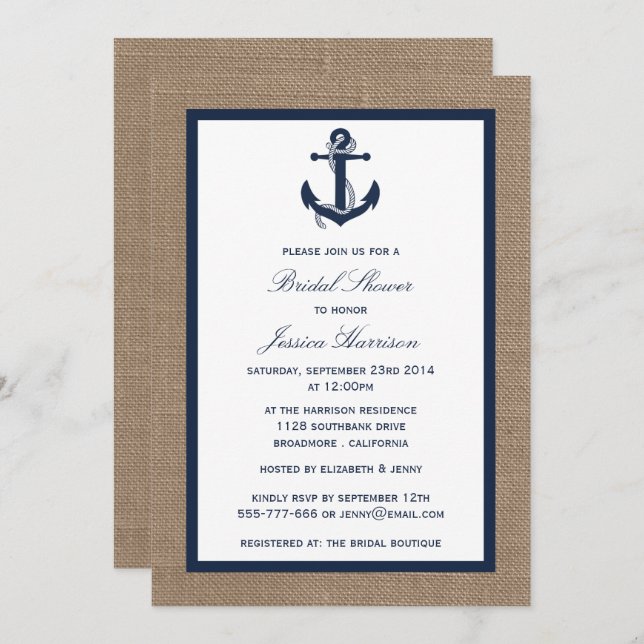 Navy Blue Nautical Anchor On Burlap Bridal Shower Invitation (Front/Back)