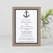 Navy Blue Nautical Anchor On Burlap Bridal Shower Invitation (Standing Front)