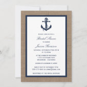 Navy Blue Nautical Anchor On Burlap Bridal Shower Invitation (Front)
