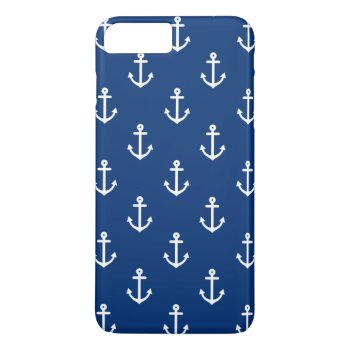 Navy Blue Nautical Anchor Pattern Iphone 8 Plus/7 Plus Case by PastelCrown at Zazzle