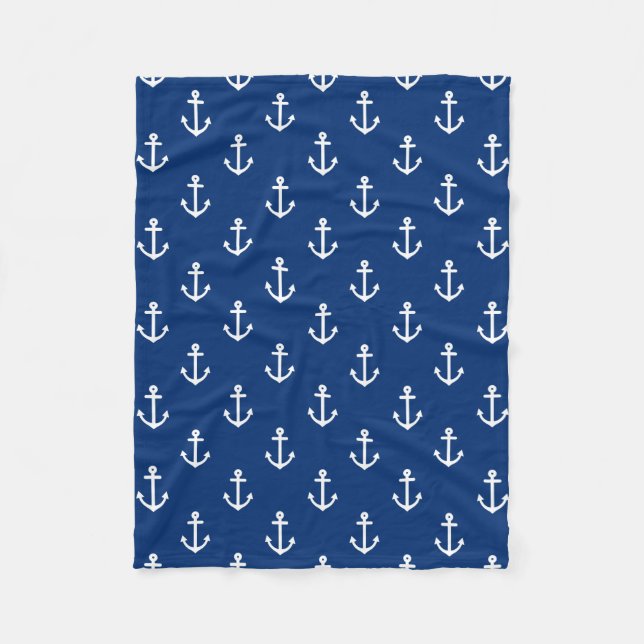 Navy Blue Nautical Anchor Pattern Fleece Blanket (Front)