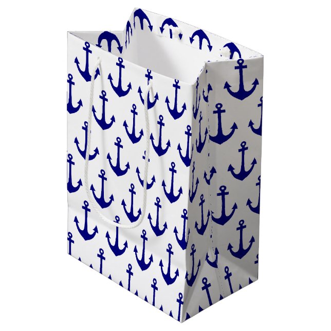 Navy Blue Nautical Anchor Pattern Medium Gift Bag (Front Angled)