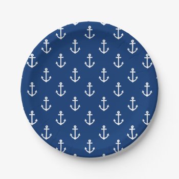 Navy Blue Nautical Anchor Pattern Paper Plates by PastelCrown at Zazzle
