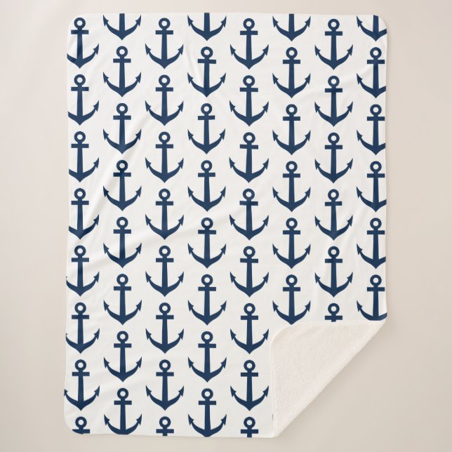 Navy blue nautical anchor pattern sherpa blankets (Front)