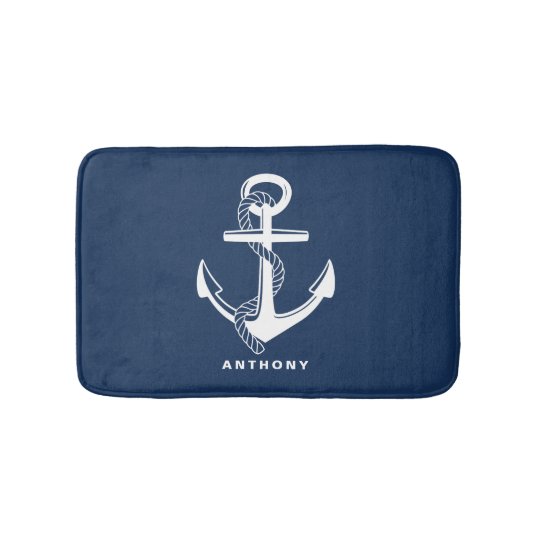 Navy Blue Nautical Anchor Personalized Bath Mat | Zazzle