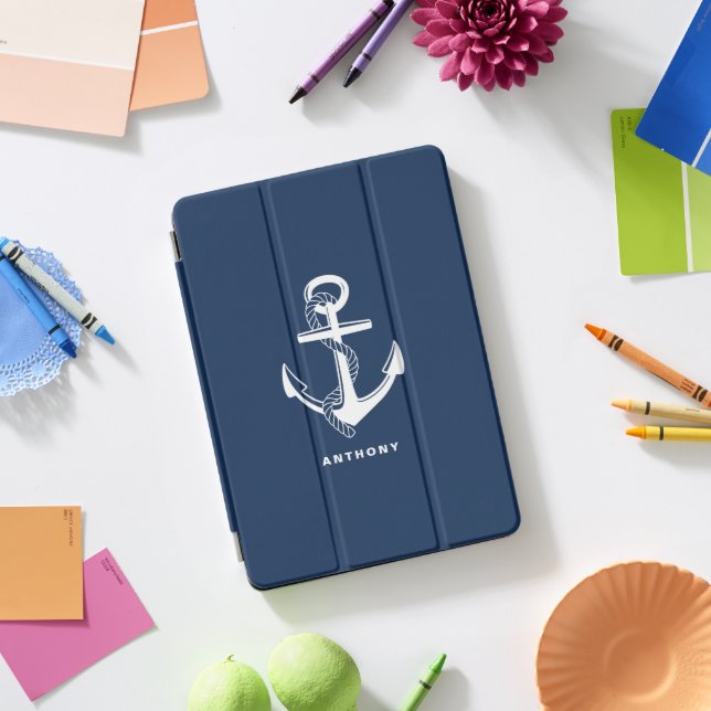 Navy Blue Nautical Anchor Personalized iPad Cover (Desk)