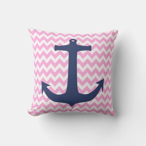 Navy Blue Nautical Anchor Pink White Chevron Throw Pillow