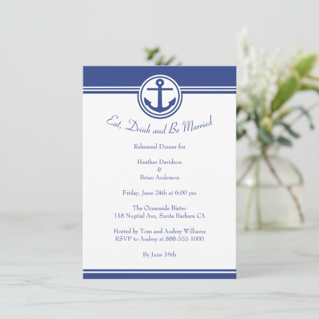 Navy Blue Nautical Anchor Rehearsal Dinner Invite (Standing Front)