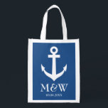 Navy blue nautical anchor reusable wedding bag<br><div class="desc">Navy blue nautical anchor reusable wedding bag. Cute maritime design with boat anchor and customizable background color. Personalizable text with elegant stylish chic typography letters. Fun for team bride bridesmaids or as big wedding favor gift bag for guests. Personalized with name monogram of bride and groom plus date of marriage....</div>