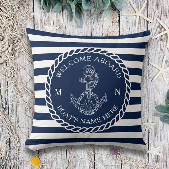 Navy Blue Nautical Anchor Rope Welcome Outdoor Throw Pillow (Creator Uploaded)