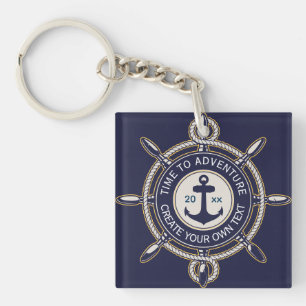 Navy Blue Nautical Anchor & Ship's Wheel Adventure Keychain