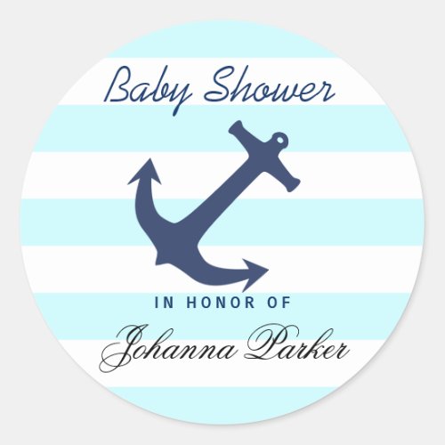 Navy Blue Nautical Anchor Stripes Baby Shower Classic Round Sticker