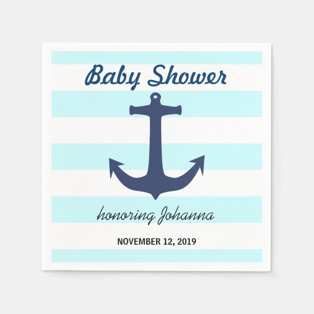 Navy Blue Nautical Anchor Stripes Baby Shower Napkins (Front)