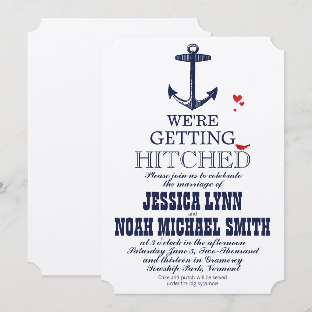 Navy Blue Nautical Anchor Typography Red Wedding Invitation (Front/Back)