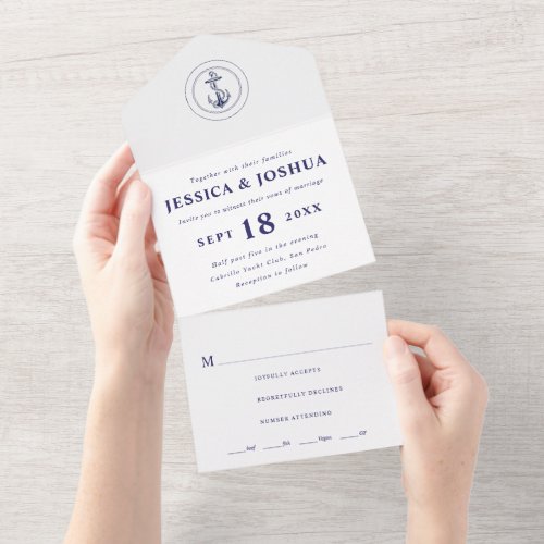 Navy Blue Nautical Anchor Wedding All In One Invitation