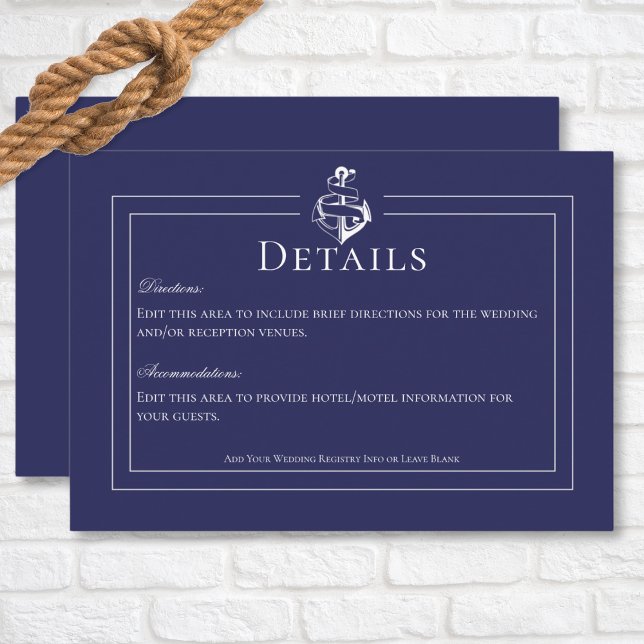 Navy Blue Nautical Anchor Wedding Details Enclosure Card (Navy Blue Nautical Anchor Wedding Details Enclosure Card)