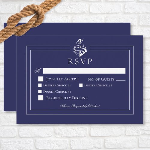 Navy Blue Nautical Anchor Wedding Dinner RSVP Card