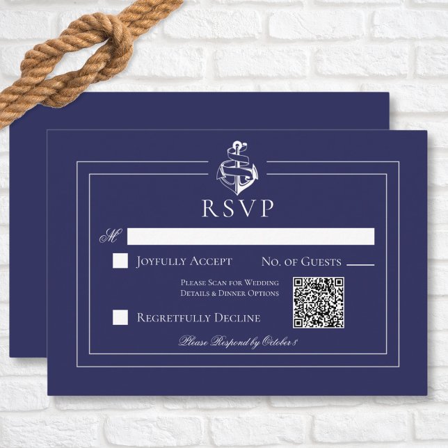 Navy Blue Nautical Anchor Wedding QR Code RSVP Card (Navy Blue Nautical Wedding Response Card with QR Code)
