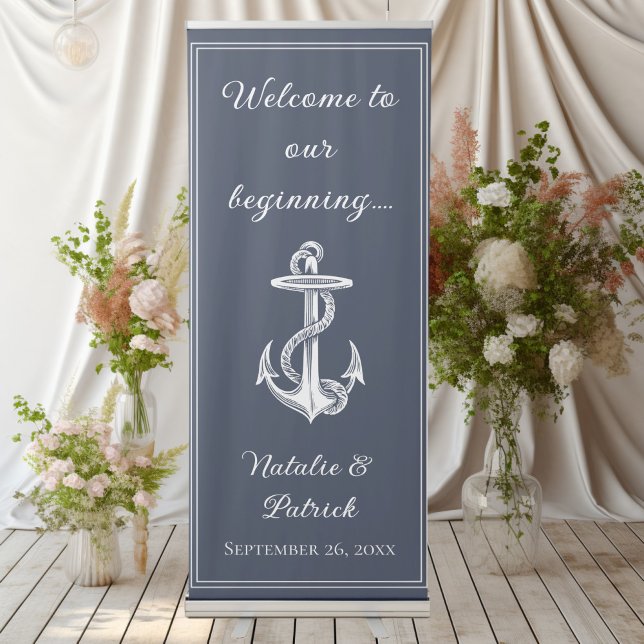 Navy Blue Nautical Anchor Wedding Retractable Banner (Navy Blue Nautical Anchor Wedding Welcome Retractable Banner)