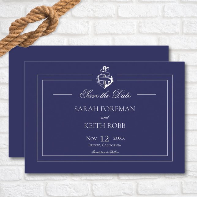 Navy Blue Nautical Anchor Wedding Save The Date (Navy Nautical Wedding Save The Date Card)
