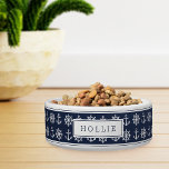 Navy Blue Nautical Anchor & Wheel Pattern Pet<br><div class="desc">For the most stylish coastal pets,  this cute personalized bowl for dogs or cats features a pattern of white ship's wheels and anchors on a classic navy blue background with striped accents at the top and bottom. Personalize this cool nautical design with your pet's name.</div>
