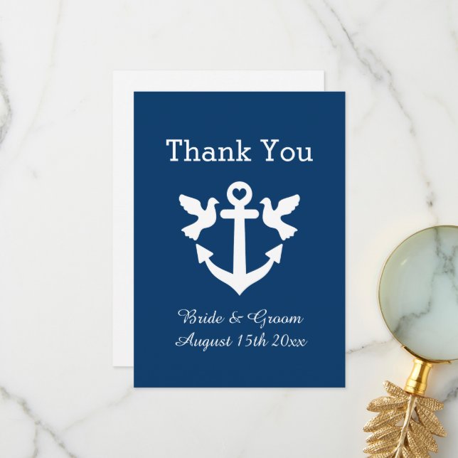 Navy blue nautical anchor white dove wedding thank you card (Front/Back In Situ)