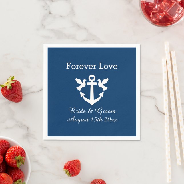 Navy blue nautical anchor white doves wedding napkins (Insitu)