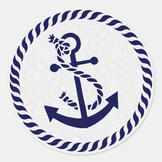 Navy Blue Nautical Anchor & Wreath Classic Round Sticker (Front)