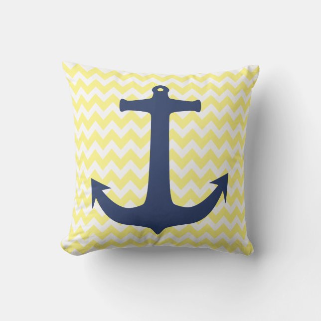 Navy Blue Nautical Anchor Yellow White Chevron Throw Pillow (Front)