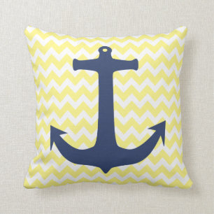 Navy Blue Nautical Anchor Yellow White Chevron Throw Pillow