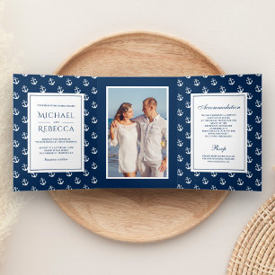 Navy Blue Nautical Anchors Photo Wedding Tri-Fold Invitation