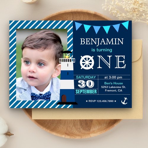 Navy Blue Nautical Baby Boy 1st Birthday Party Invitation