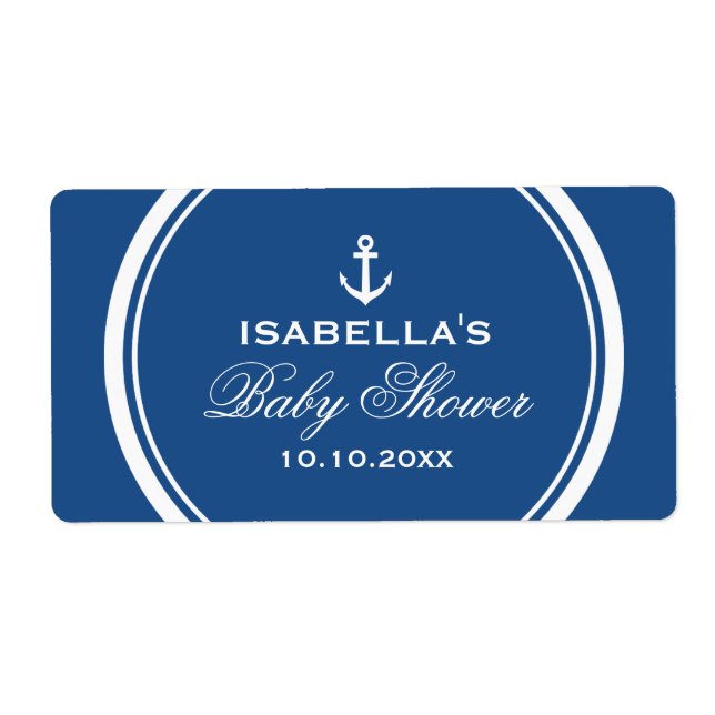 Navy blue nautical baby shower water bottle labels (Front)