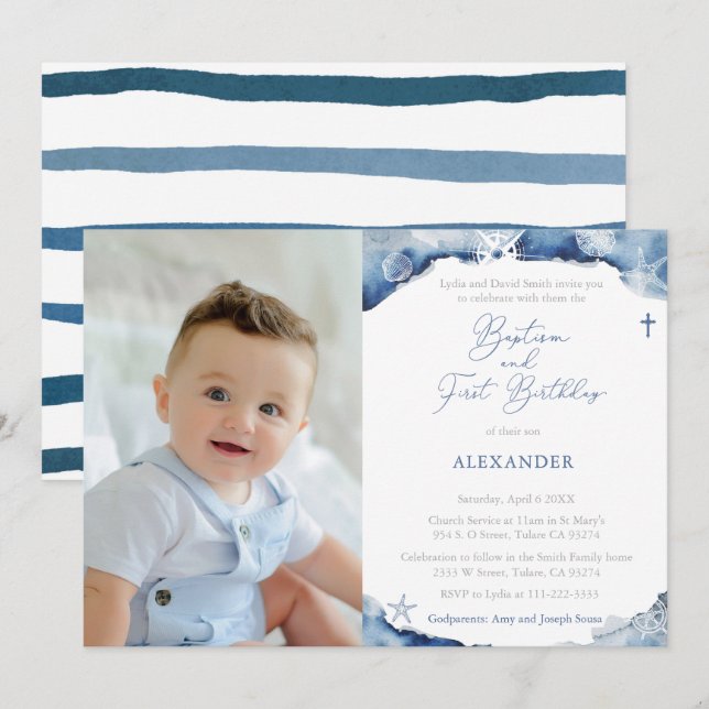 Navy Blue Nautical Baptism 1st Birthday Party Invitation (Front/Back)