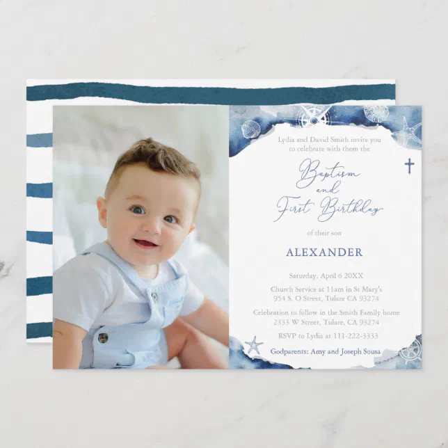 Navy Blue Nautical Baptism 1st Birthday Party Invitation | Zazzle