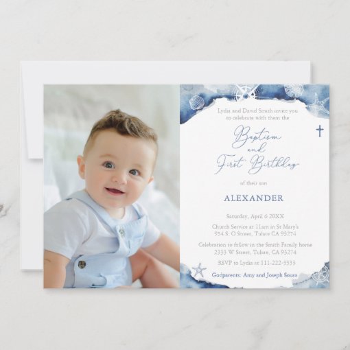 Navy Blue Nautical Baptism 1st Birthday Party Invitation | Zazzle