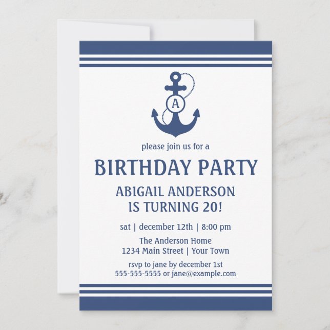 Navy Blue Nautical Birthday Party Invitations (Front)