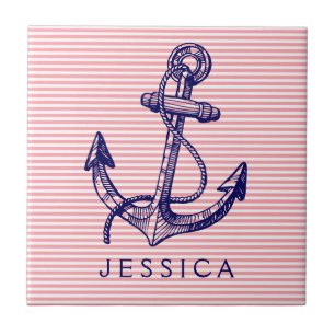 Navy Blue Nautical Boat Anchor 2 And Pink Stripes Tile