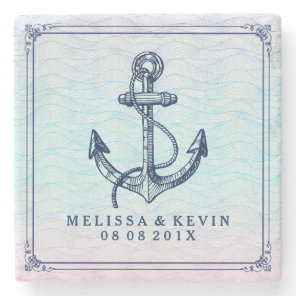 Navy Blue Nautical Boat Anchor Abstract Waves Stone Coaster