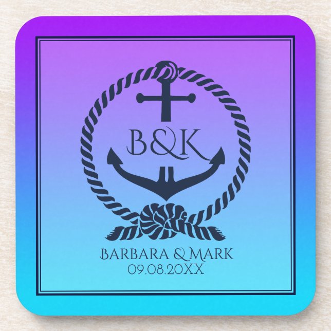 Navy Blue Nautical Boat Anchor On Purple & Blue Drink Coaster (Front)