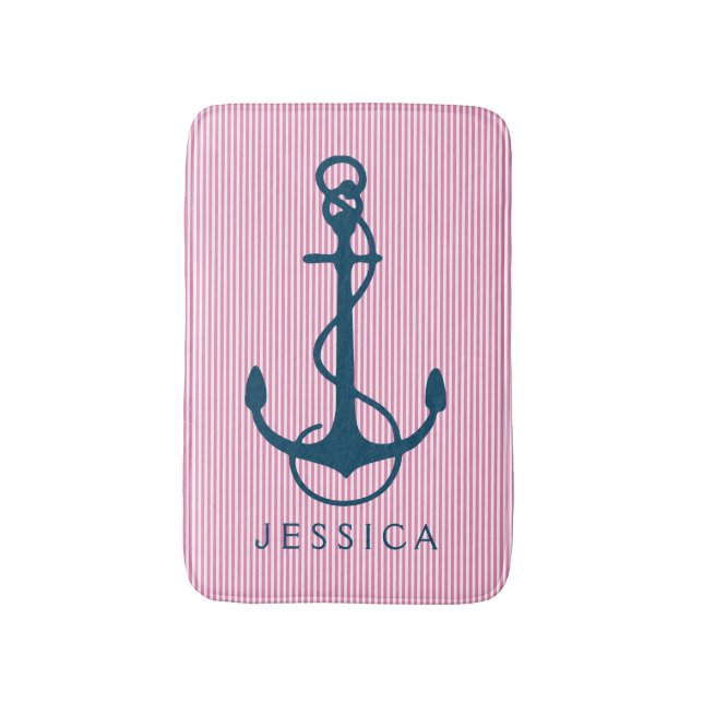 Navy Blue Nautical Boat Anchor & Pink Stripes Bathroom Mat (Front Vertical)