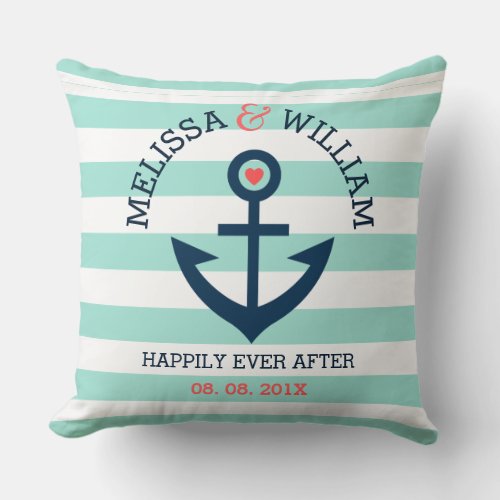 Navy_Blue Nautical Boat Anchor Sky_Blue Stripes Throw Pillow