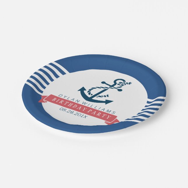 Navy Blue Nautical Boat Anchor & Stripes Paper Plates (Angled)